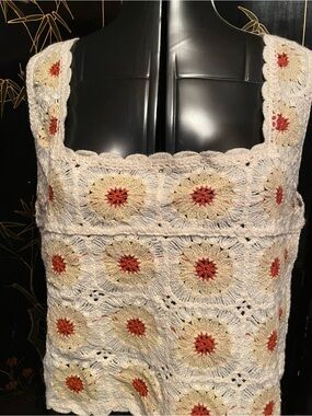 New Crochet Tank Top - Cream with Rust Floral Accents